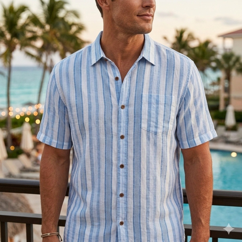 Tommy Bahama Button Up Shirt Mens XXL Blue White Striped 100% Linen T34883